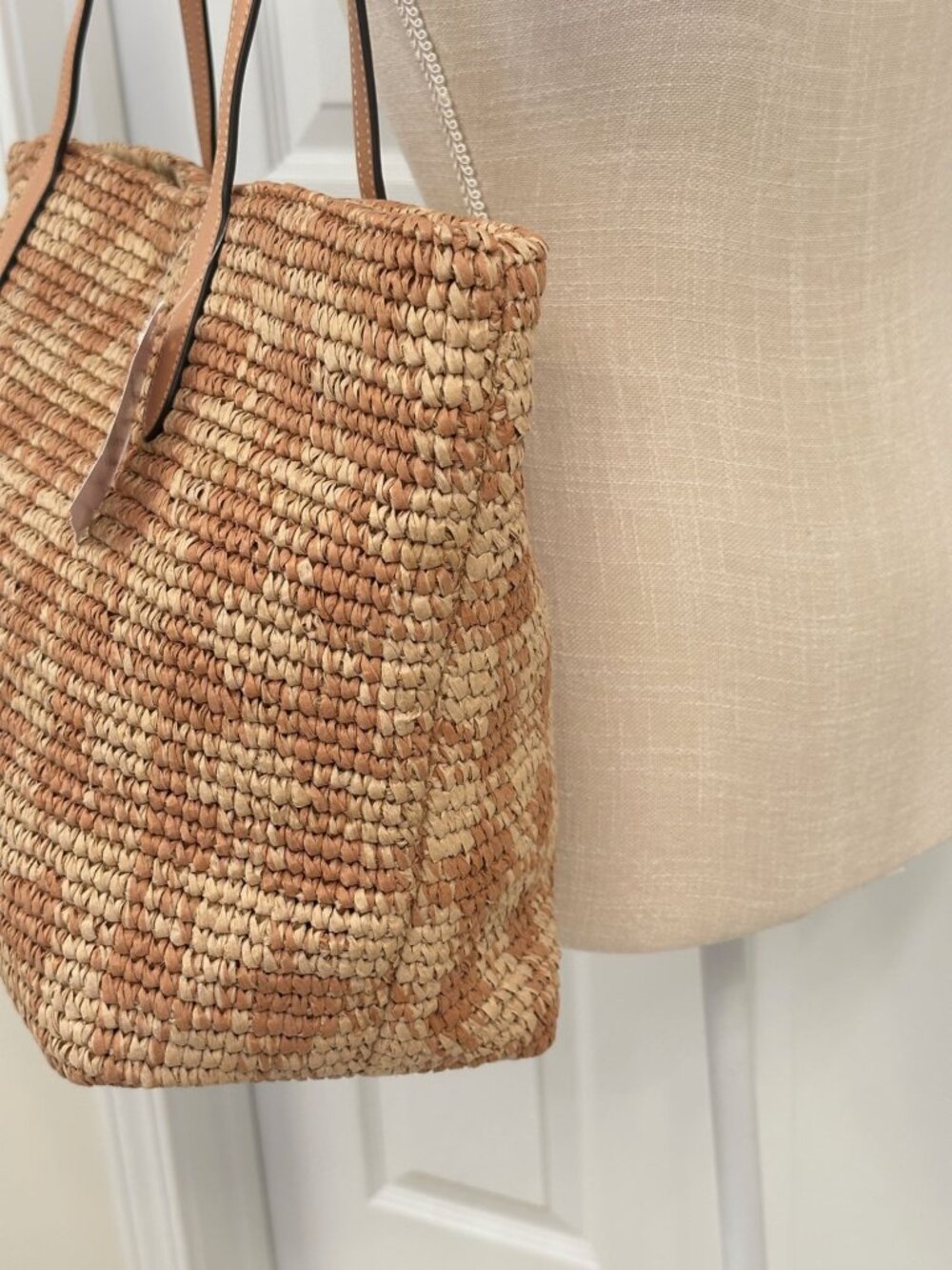Coach City Tote Gingham Print Woven Straw and Smooth Tan Leather Trim CES22 NWT - Picture 4 of 12